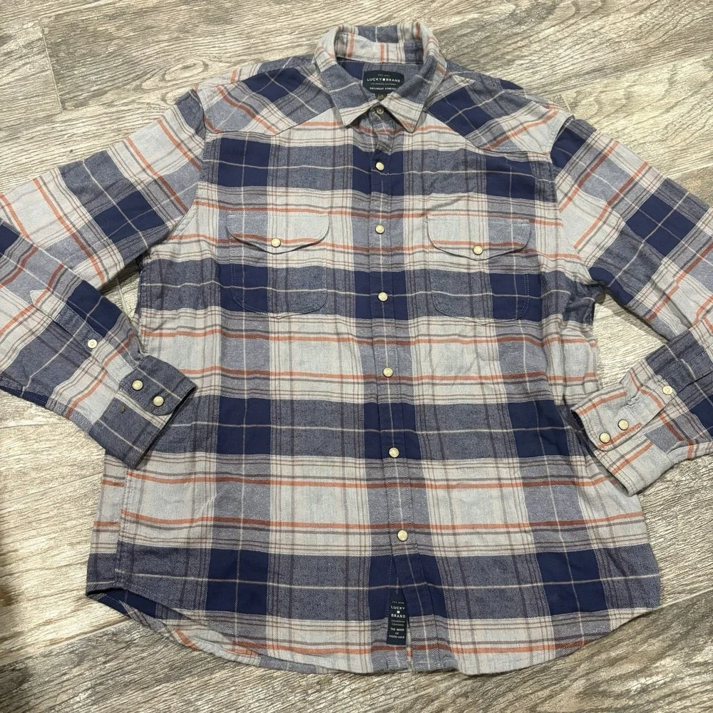 Lucky Brand Pearl Snap Blue White Plaid Flannel Sz L Western Saturday Stretch